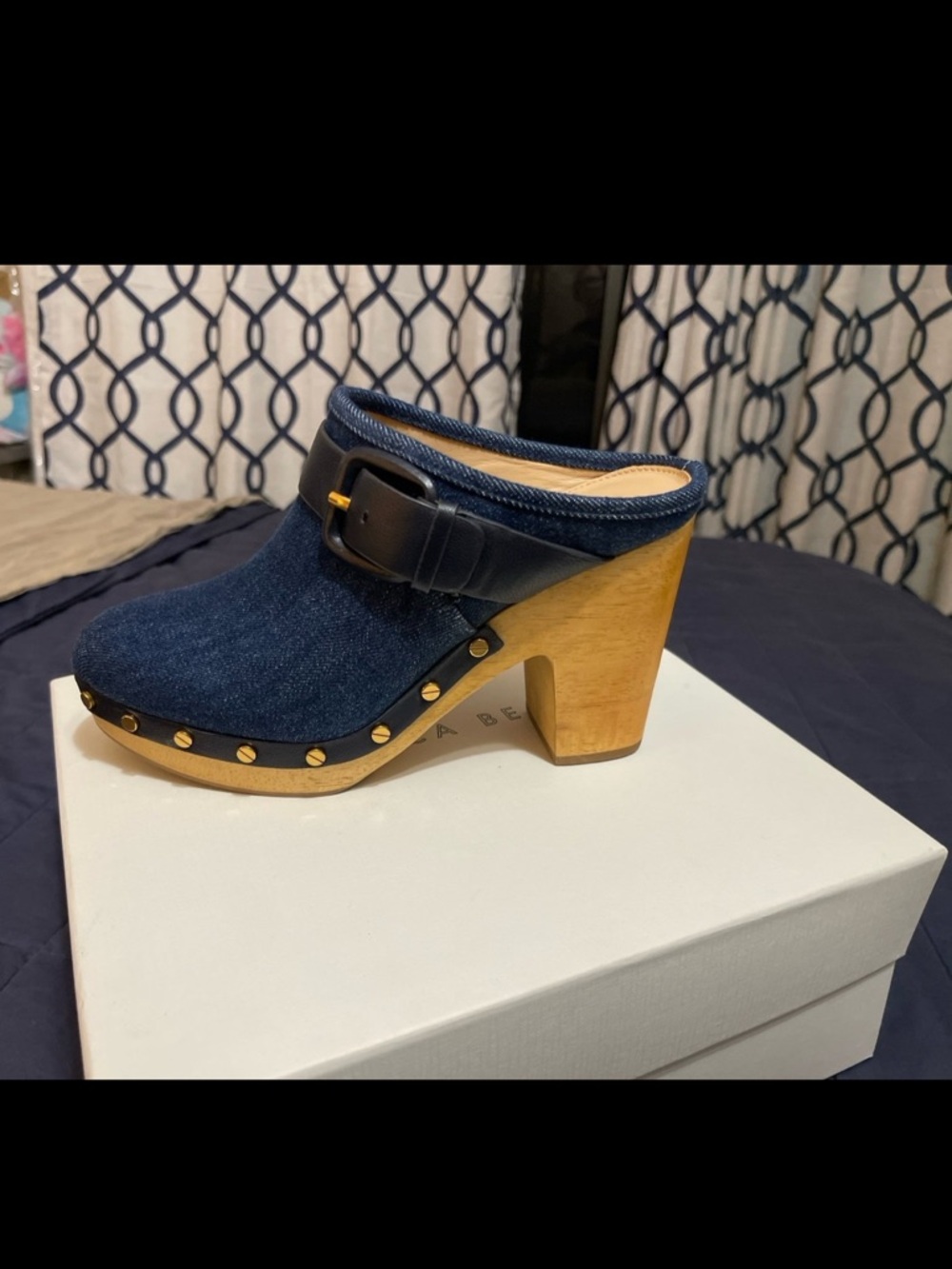 Veronica Beard Denim Blue Denim Clog Mule with Wood Heel